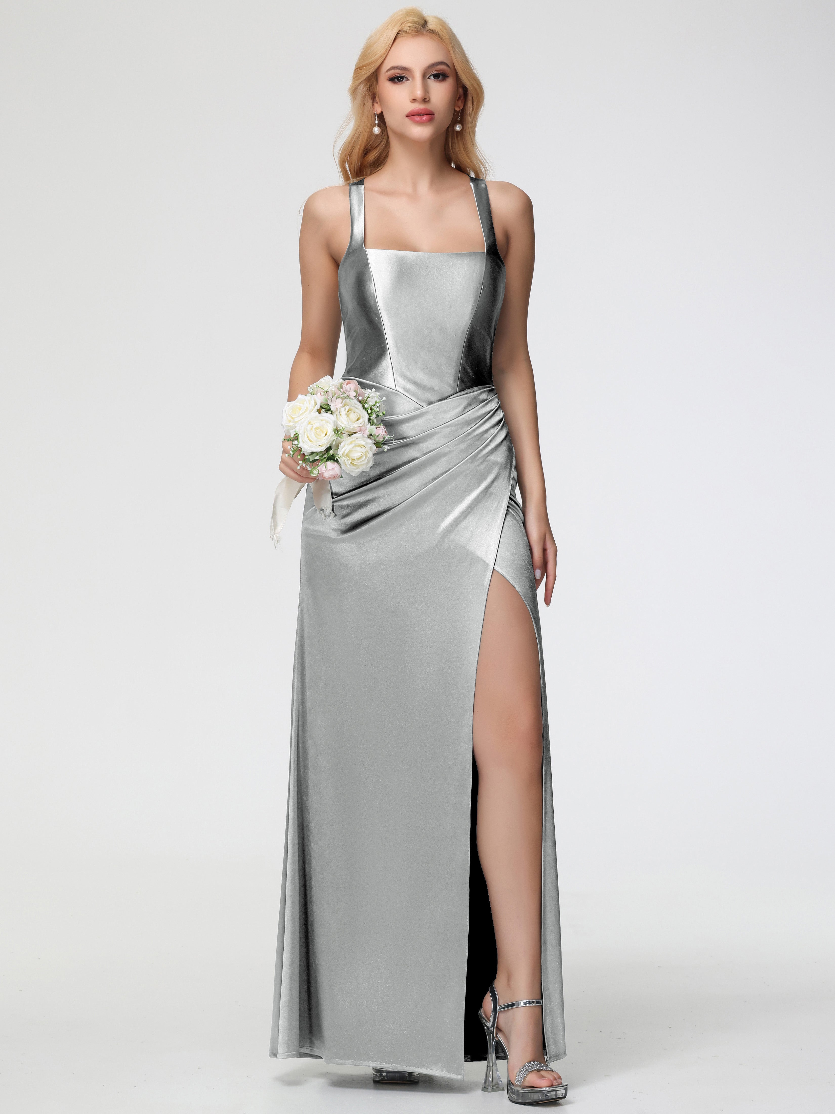 Silver Formal Dresses Straps Ruched Floor Length Sheath Formal Dress With Slit