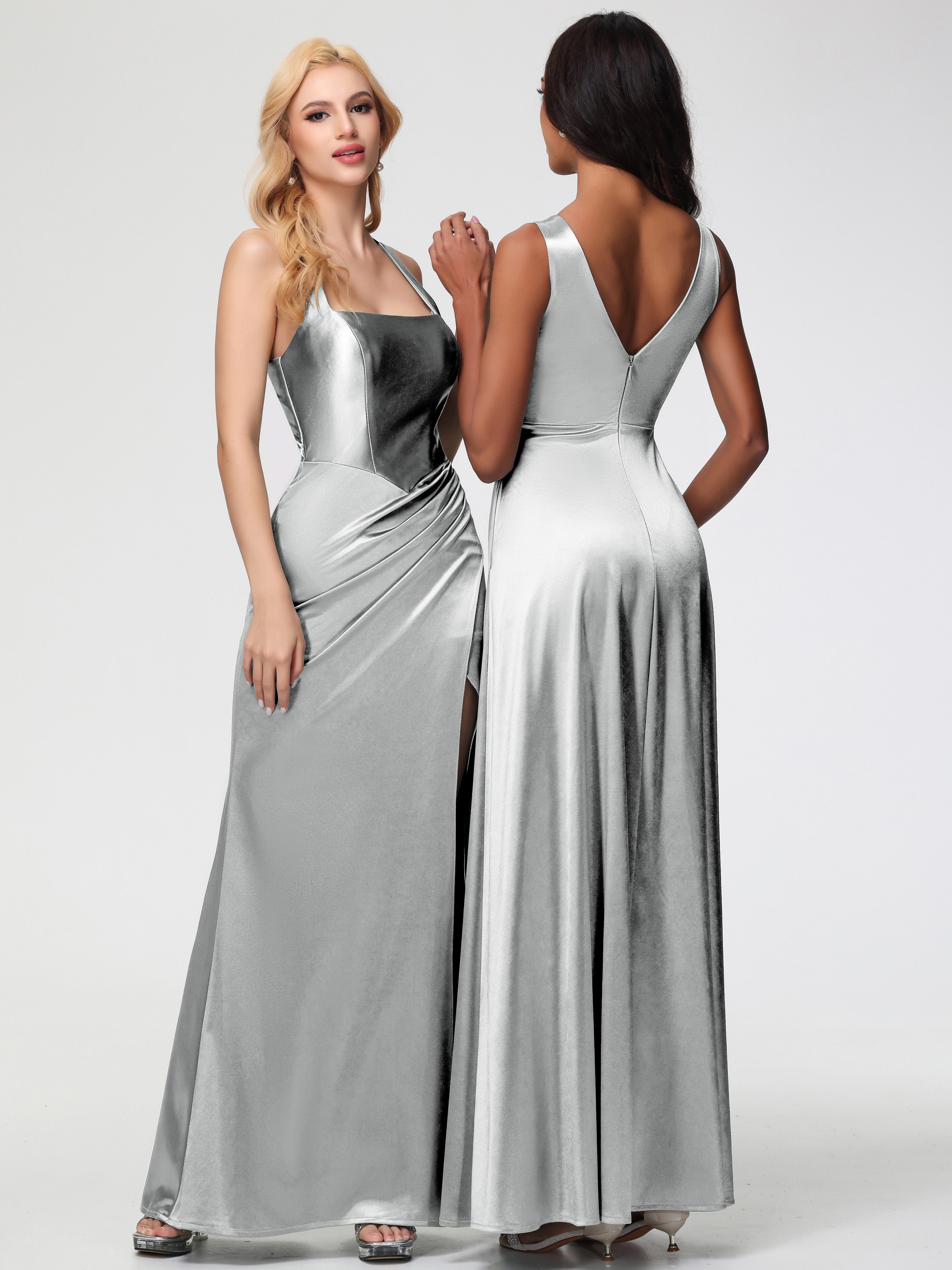 Silver Formal Dresses Straps Ruched Floor Length Sheath Formal Dress With Slit