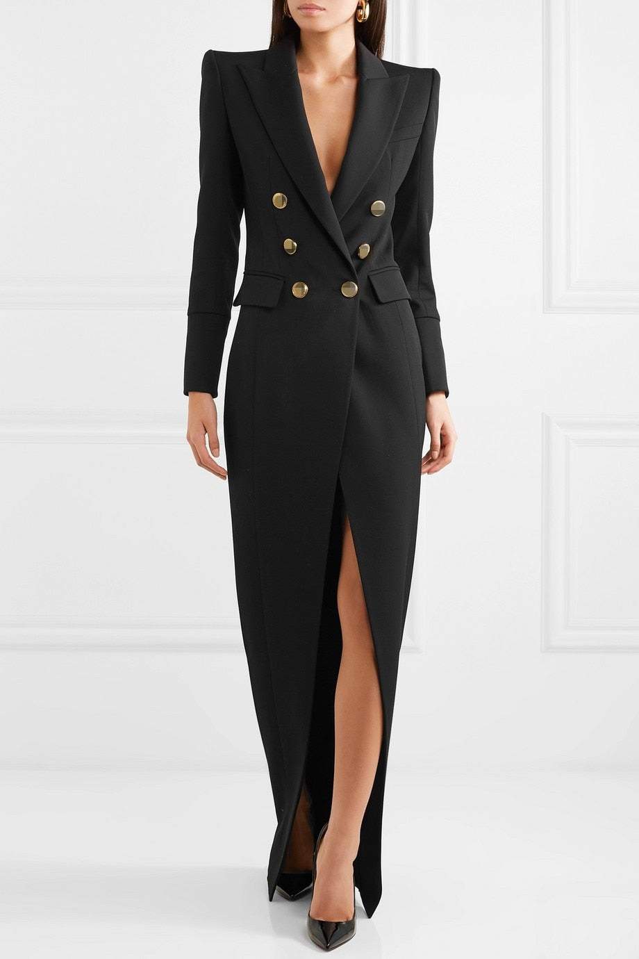 Double Breasted Peak Lapel Long Sleeve High Split Maxi Blazer Dress
