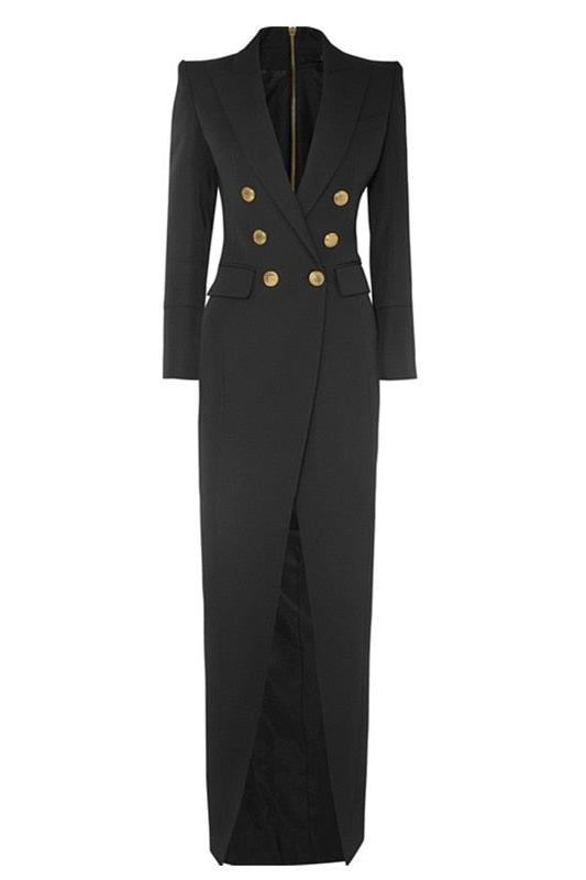 Double Breasted Peak Lapel Long Sleeve High Split Maxi Blazer Dress