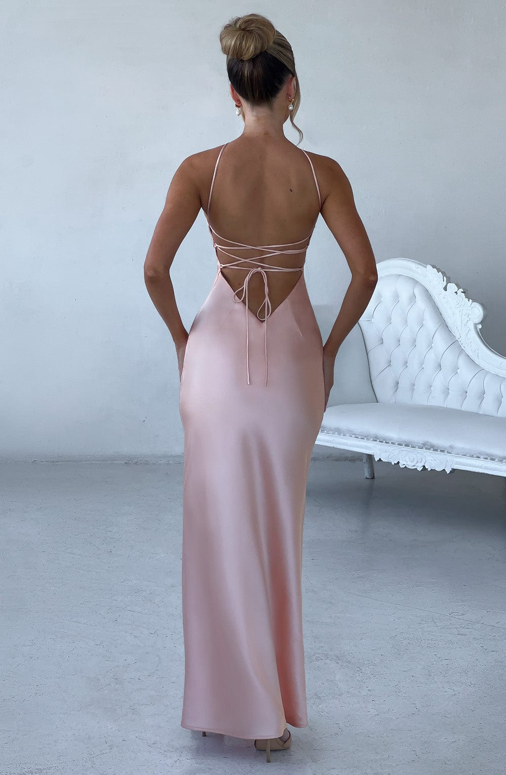 Satin Backless Lace Up Crisscross Strap Bodycon Maxi Gown