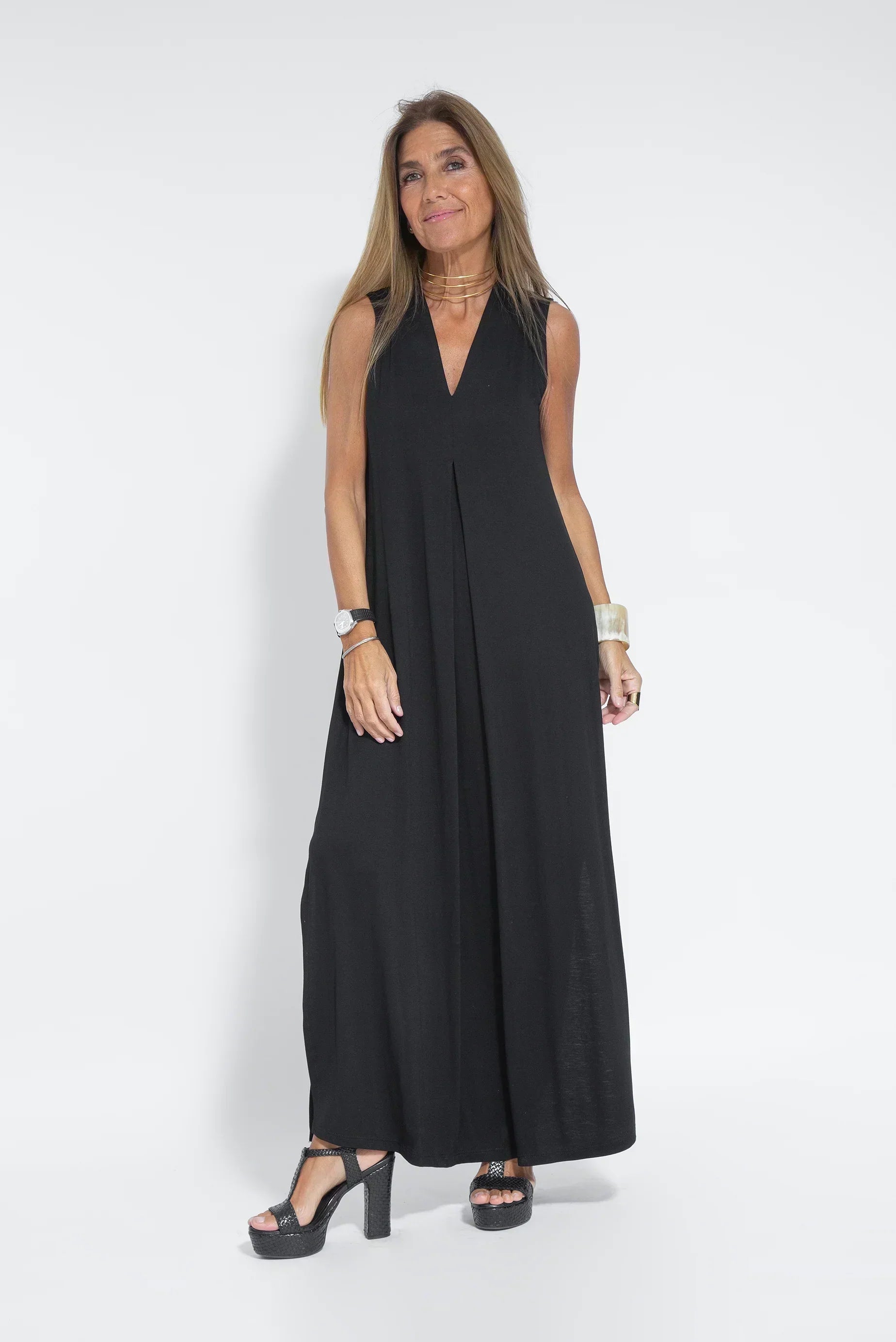 Deep V-Neck Sleeveless Center Pleat Flowy Maxi Dress