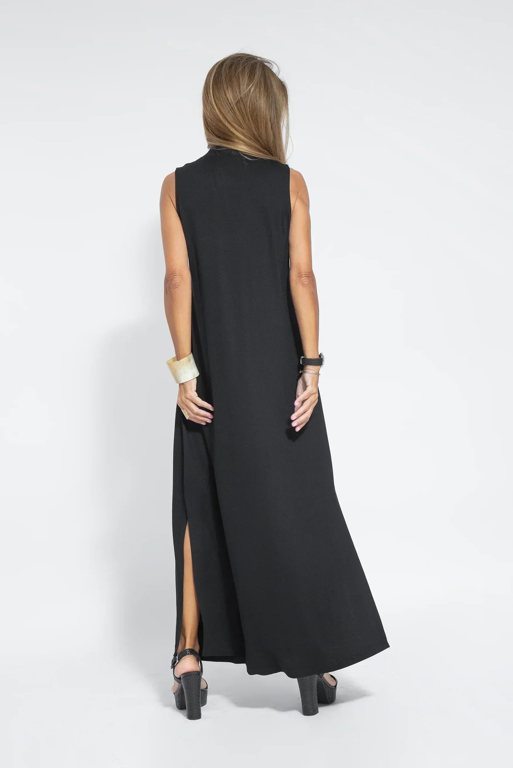 Sleeveless Deep V-Neck Center Pleat Wide Leg Maxi Jumpsuit