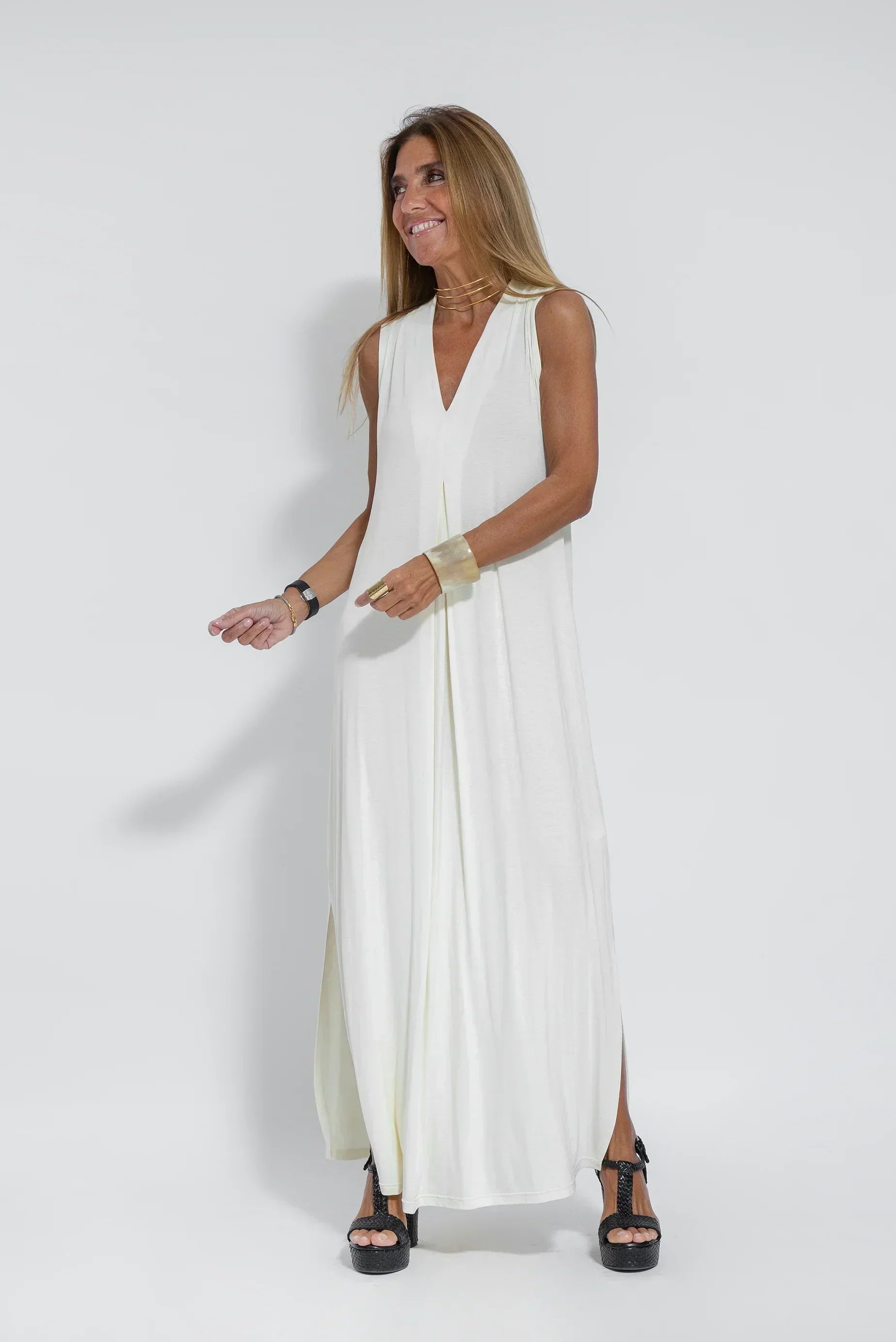 Deep V-Neck Sleeveless Center Pleat Flowy Maxi Dress