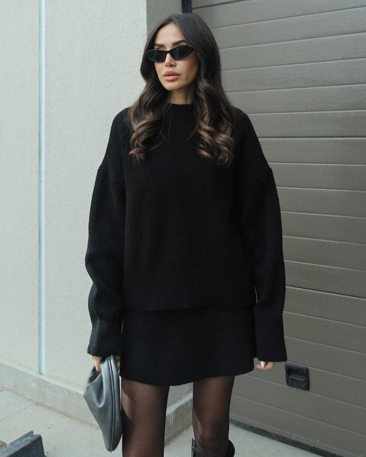 Crew Neck Oversized Knit Sweater and Mini Skirt Two Piece Set