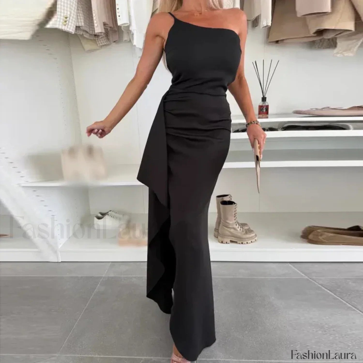 Skew Neck Wrap Split Maxi Dress