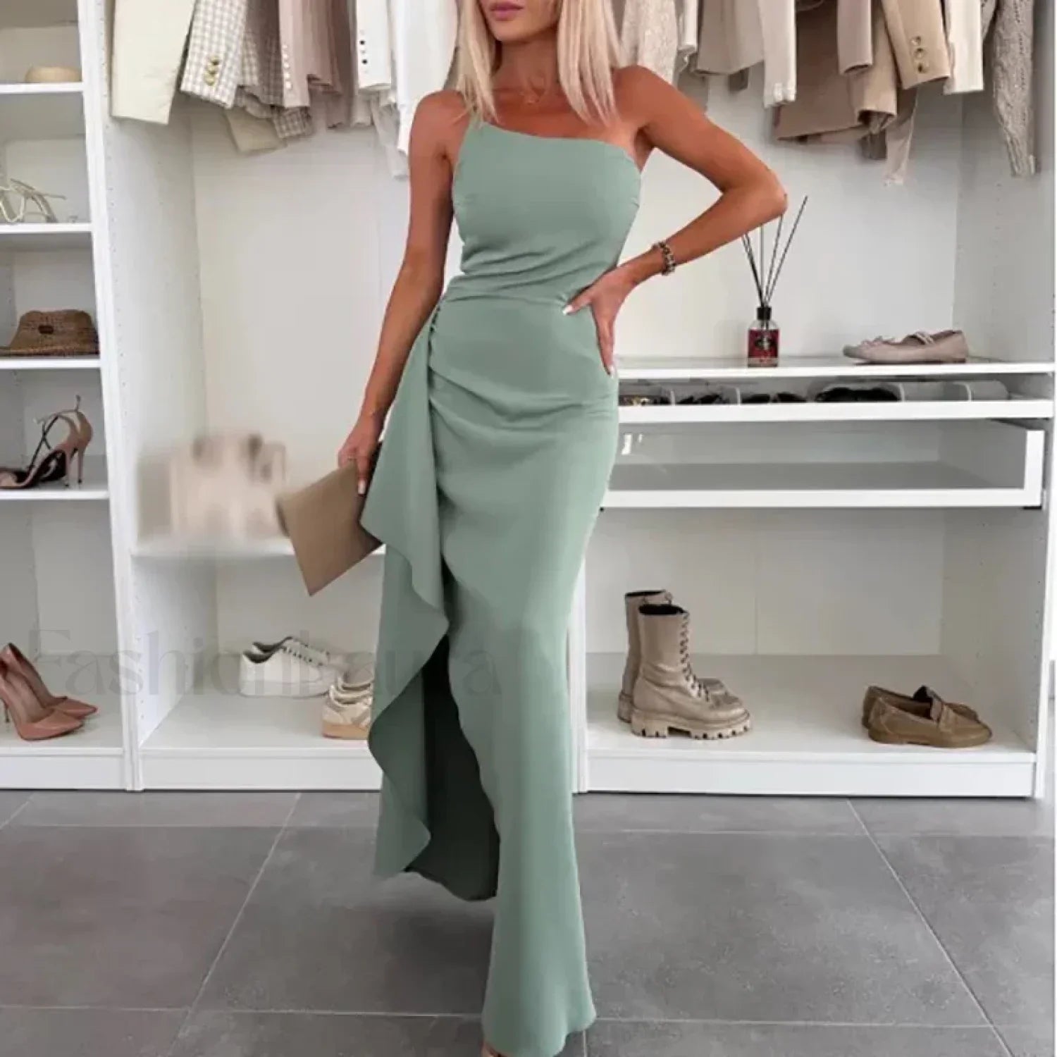 Skew Neck Wrap Split Maxi Dress 03 Green / S