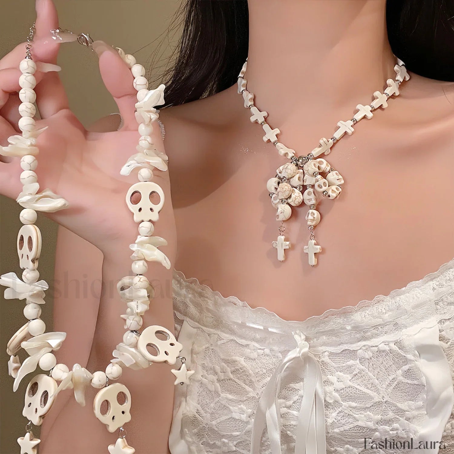 Skull Bow Beaded Cross Star Pendant Necklace