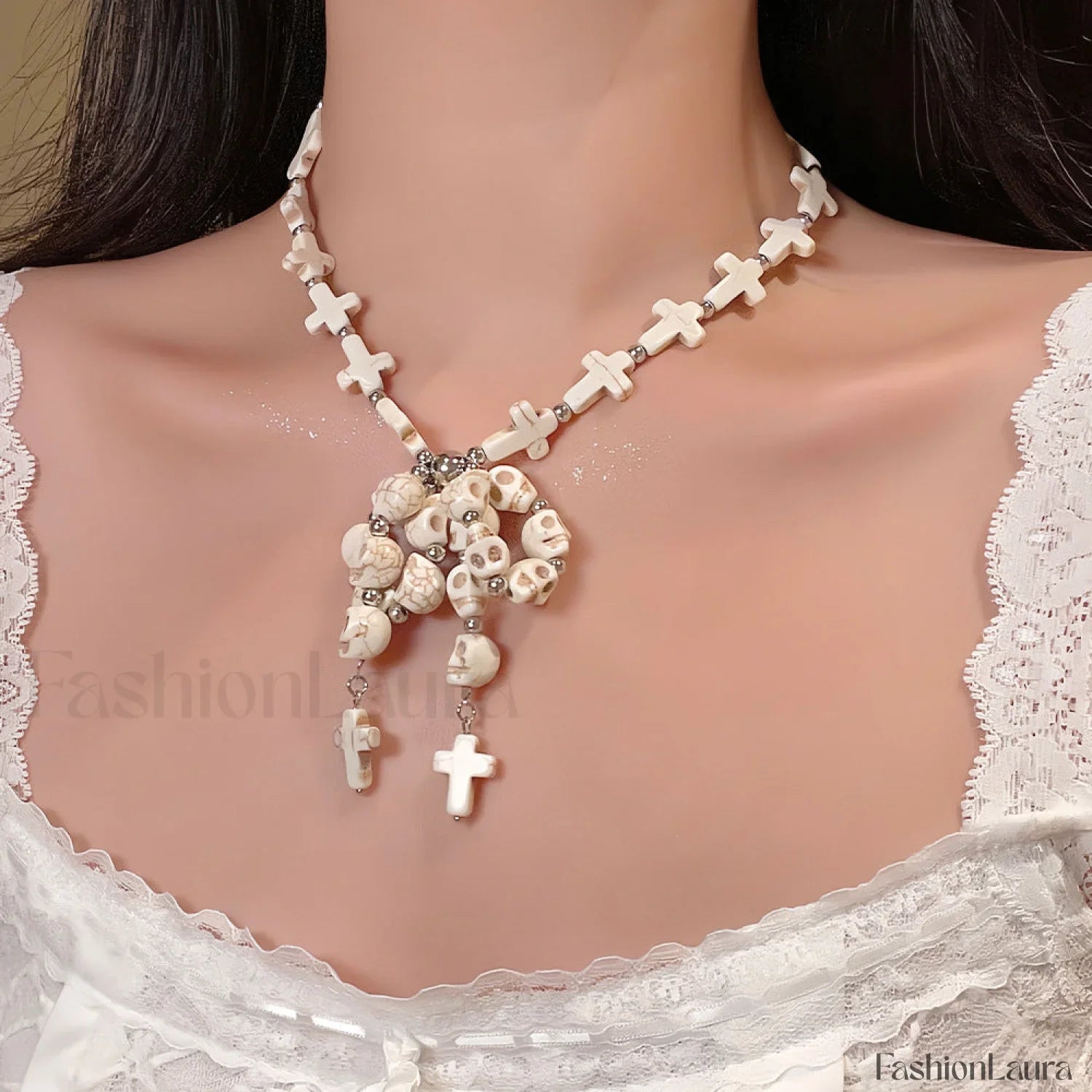 Skull Bow Beaded Cross Star Pendant Necklace