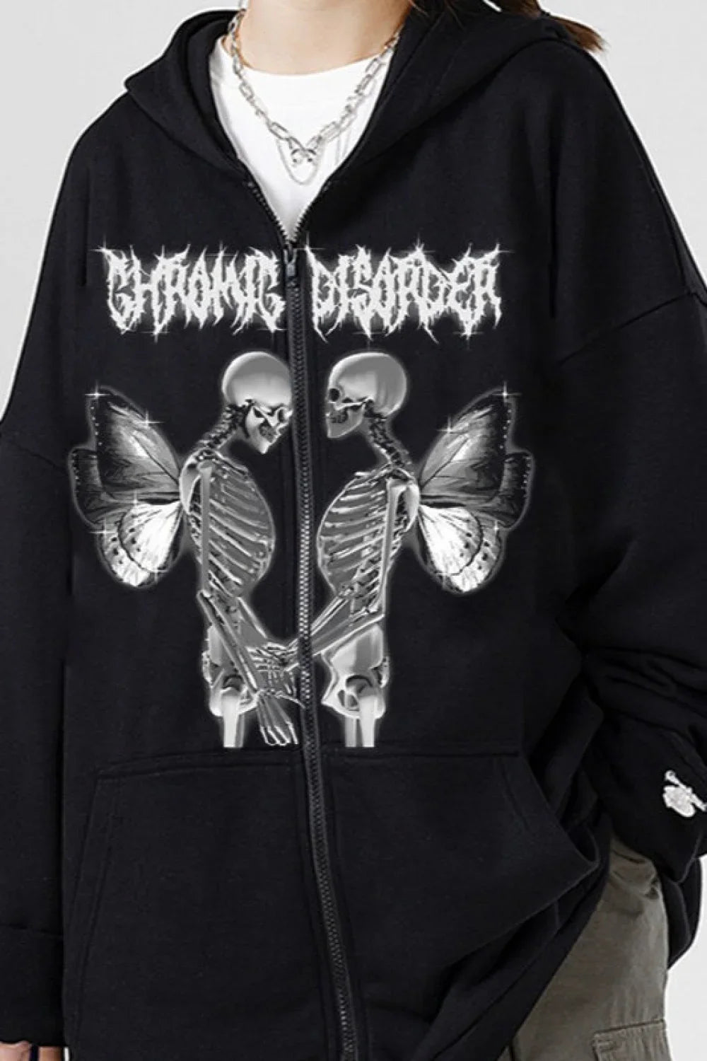 Skull Butterfly Rhinestone Zip Hoodie Black / M