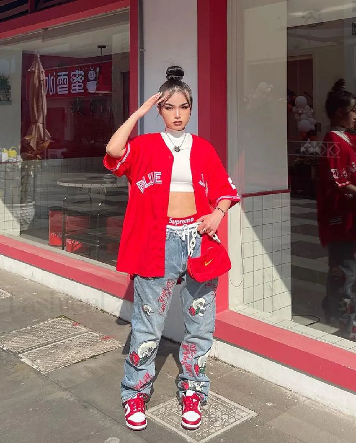 Skull Flowers Graceful Print Boyfriend Jeans