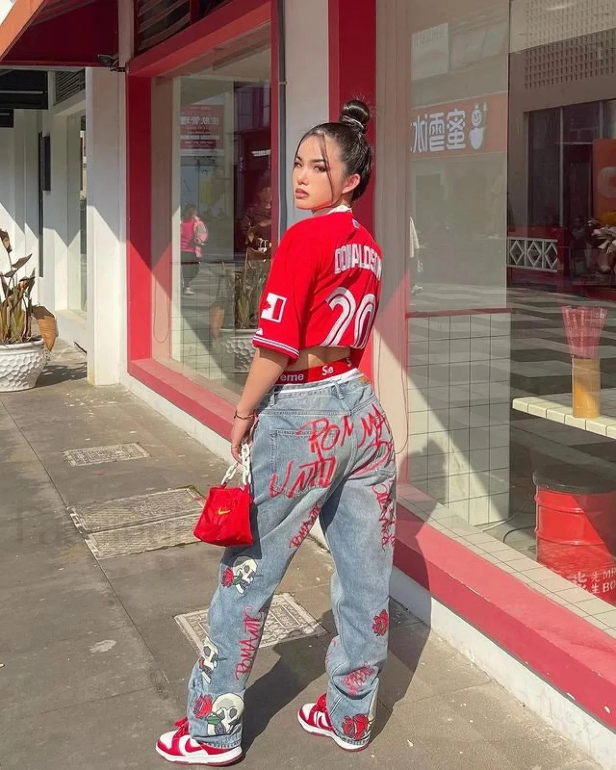 Skull Flowers Graceful Print Boyfriend Jeans