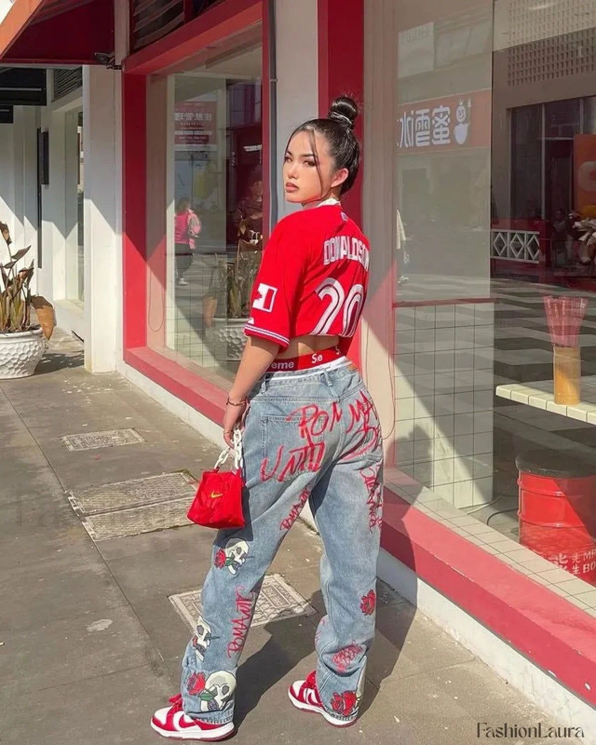 Skull Flowers Graceful Print Boyfriend Jeans