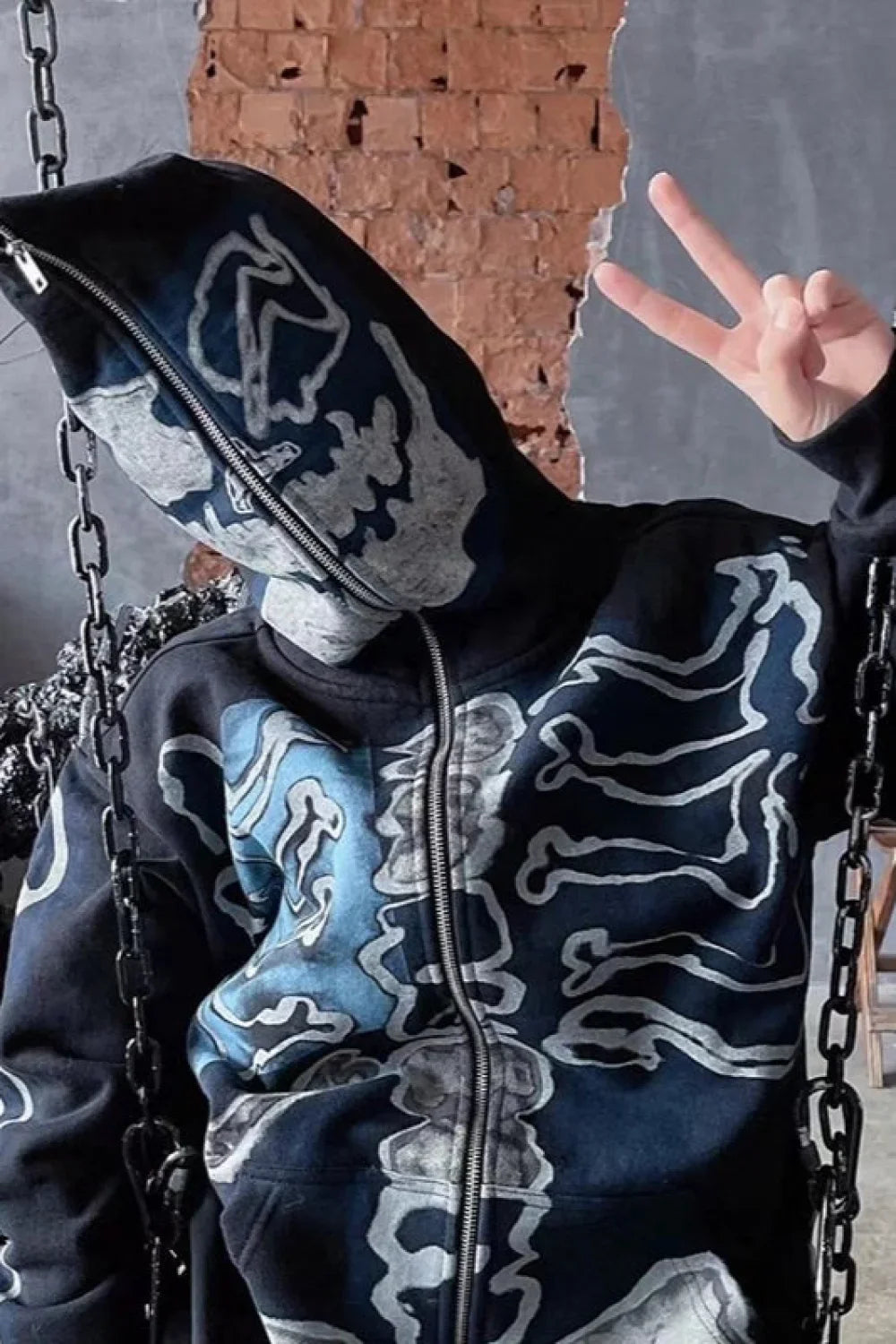 Skull Print Zip Up Hoodie