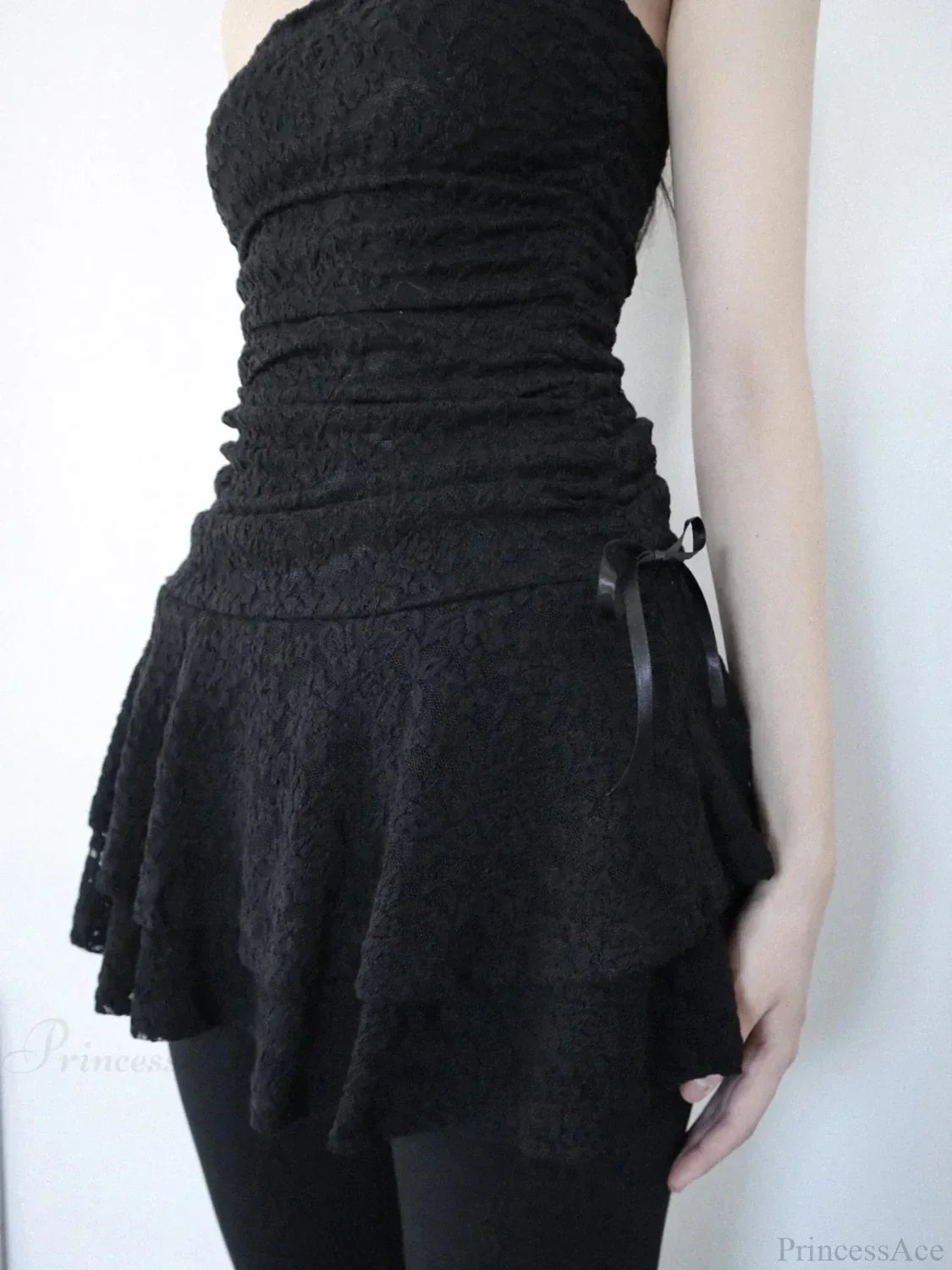 Strapless Lace Ruched Tiered Ruffle Scalloped Hem Cocktail Mini Dress