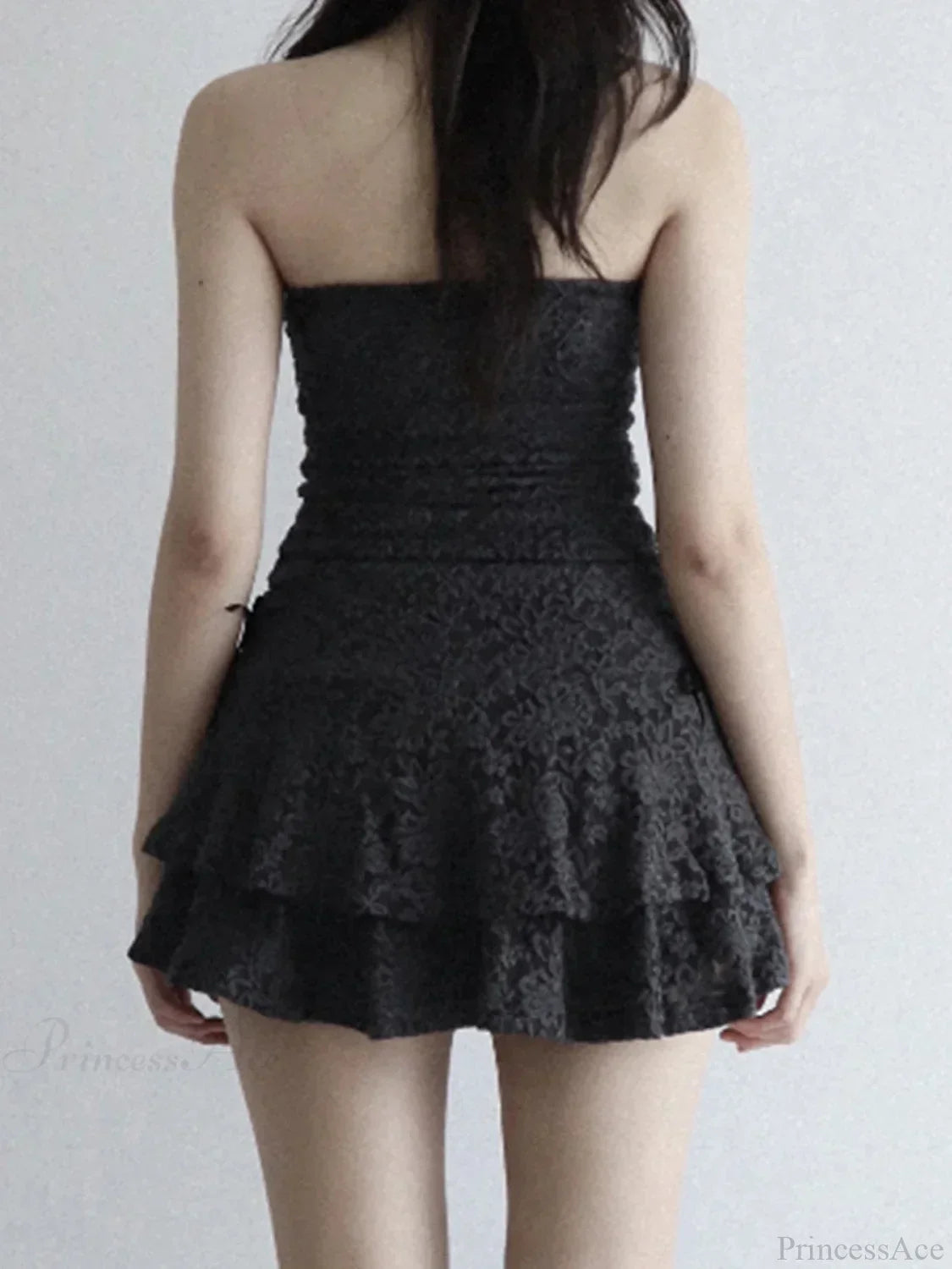 Strapless Lace Ruched Tiered Ruffle Scalloped Hem Cocktail Mini Dress