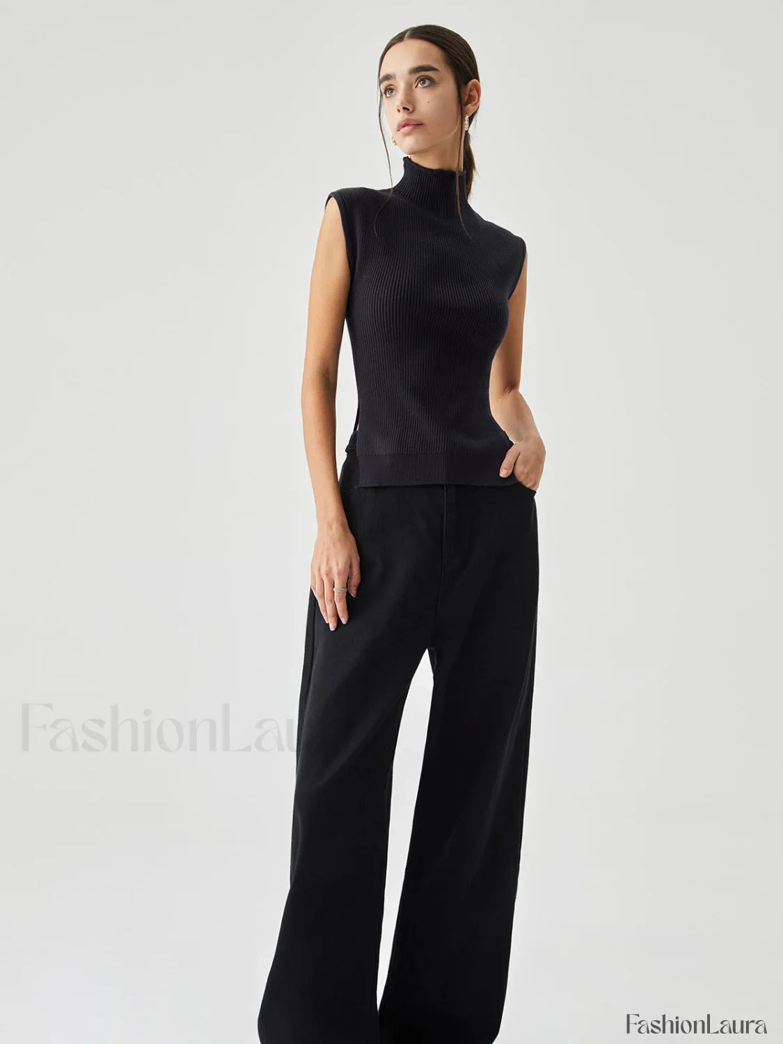 Sleeveless Mock Neck Trendy Slit Ribbed Knit Sweater