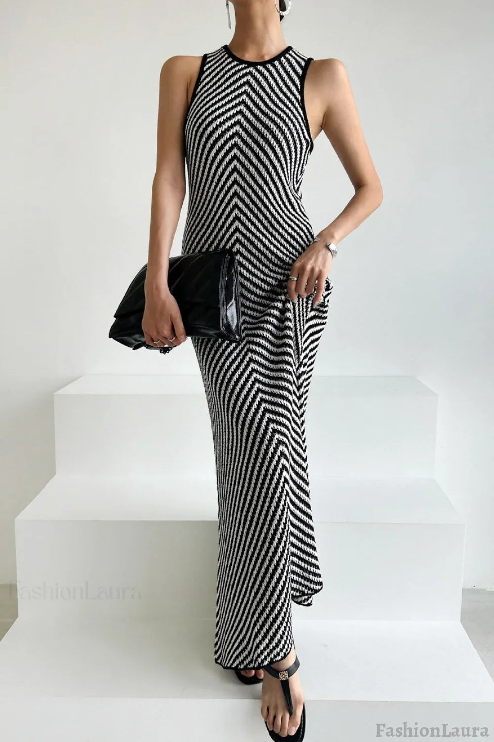 Sleeveless Striped Knit Sweater Dress S / Black