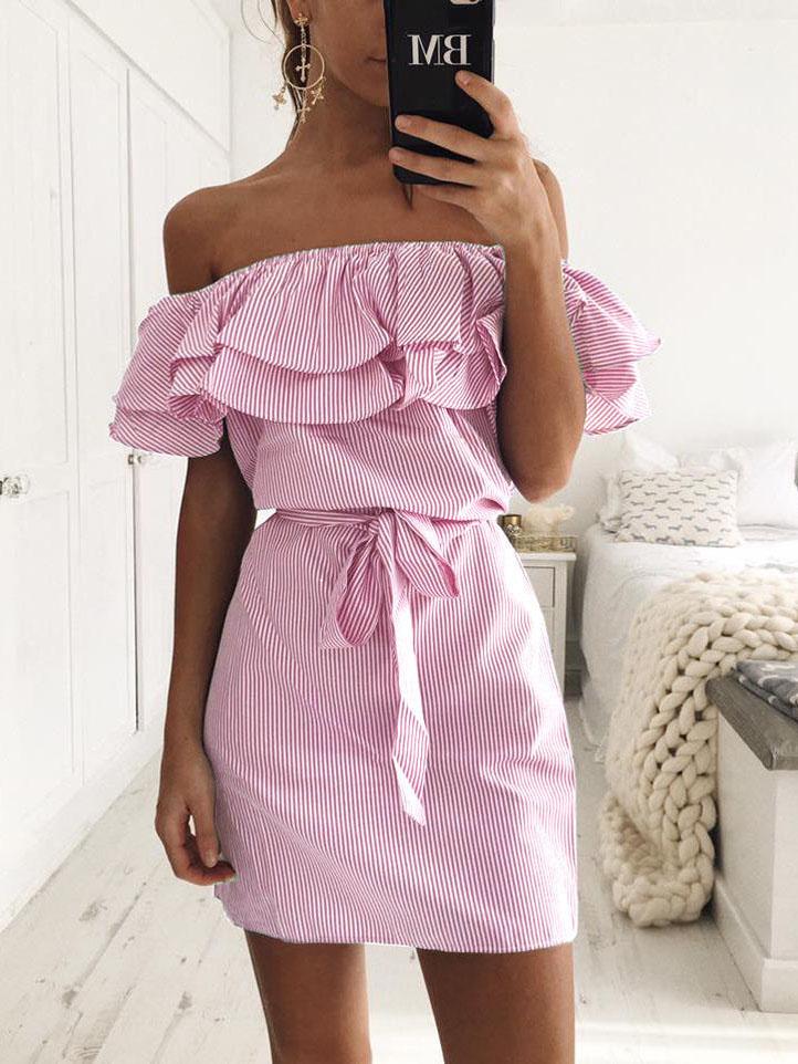 Slim fit Lace up Dress With Ruffled Stripes