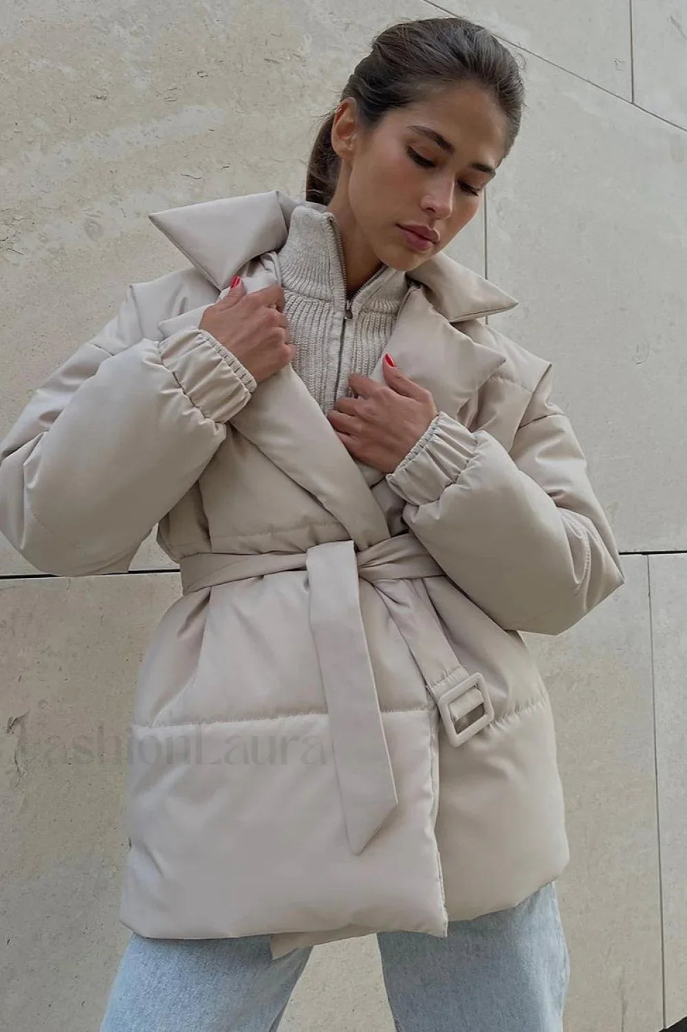 Slim Fit Lapel Belted Winter Coat White / S coats