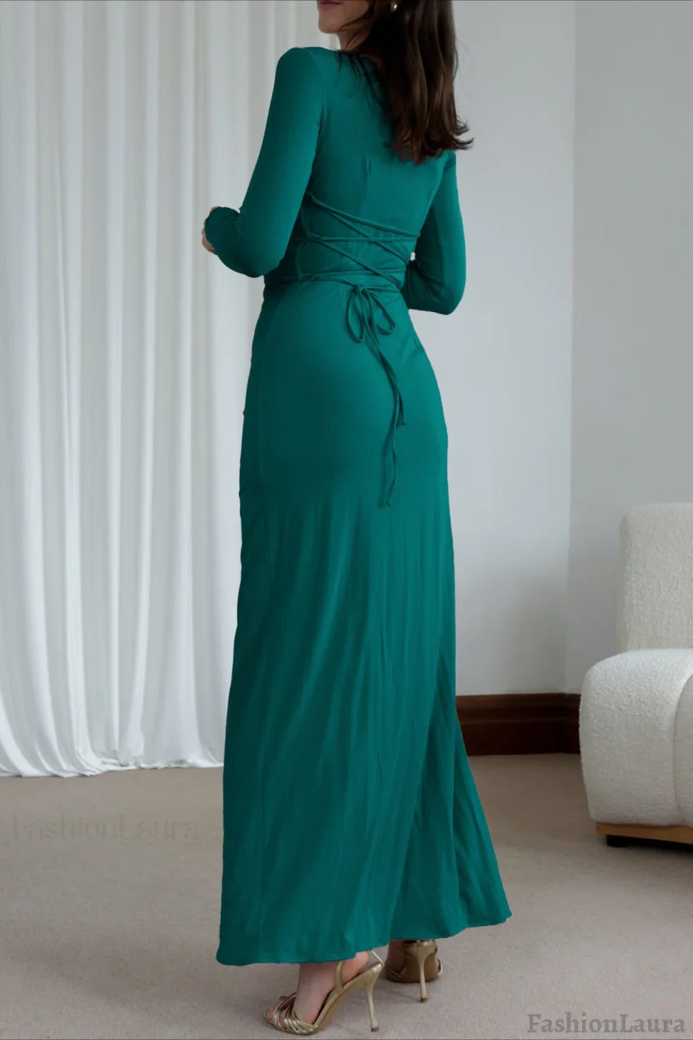 Slim Fit Pleated Long Sleeve Maxi Dress