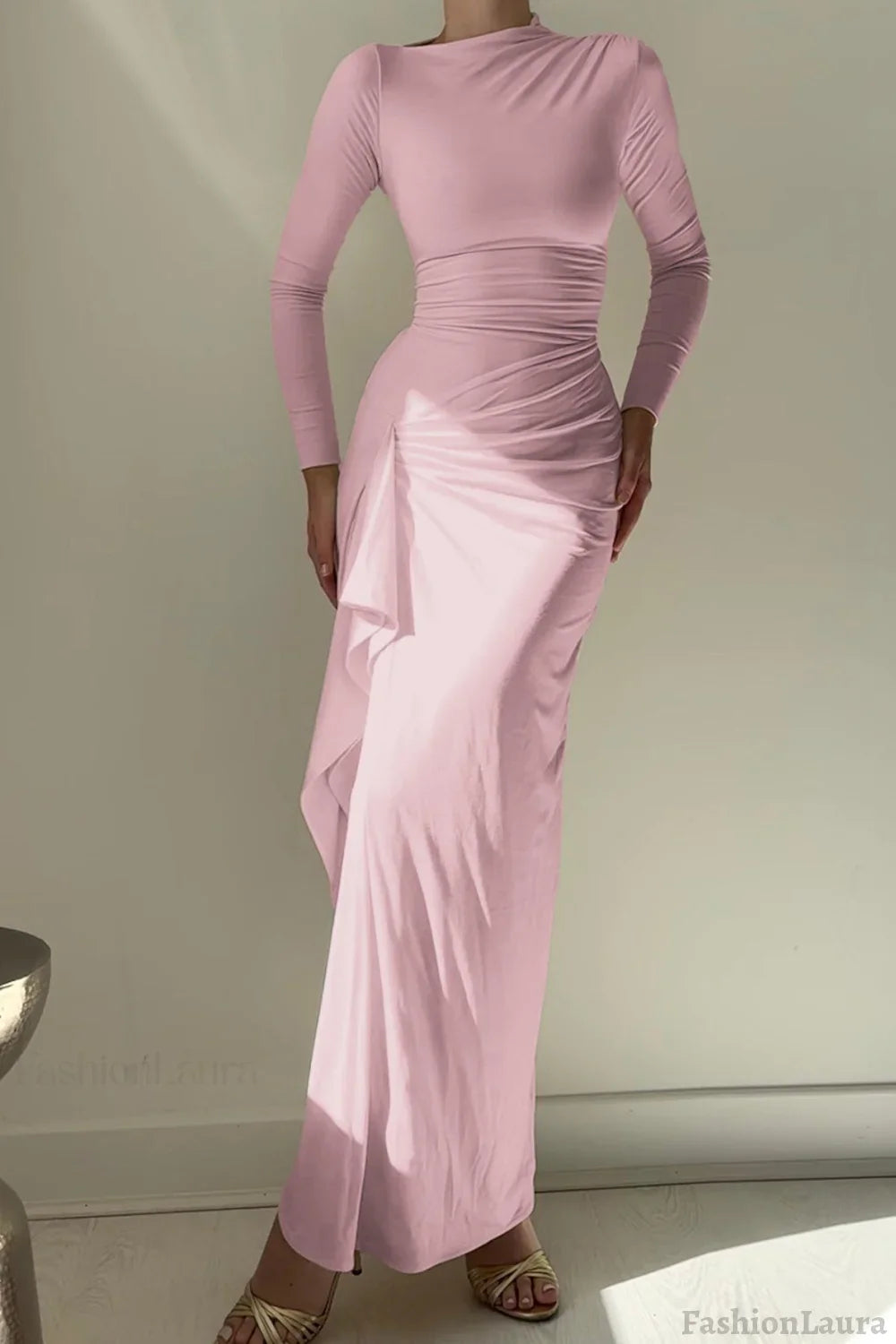 Slim Fit Pleated Long Sleeve Maxi Dress S / Pink