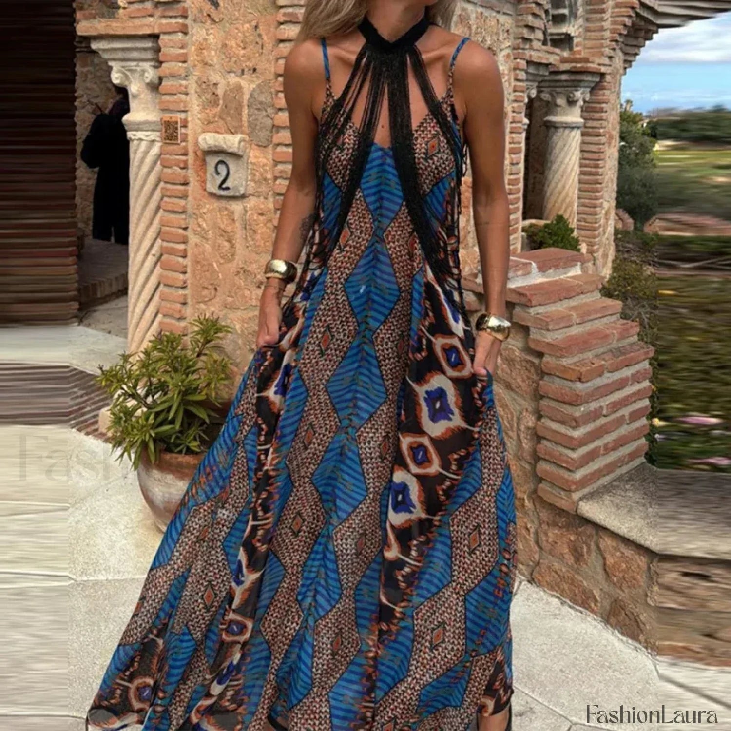 Slim Suspender Print Boho Dress