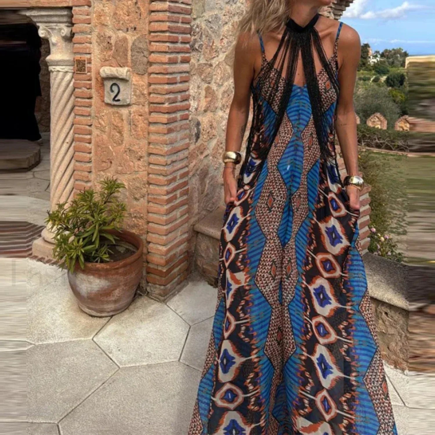 Slim Suspender Print Boho Dress