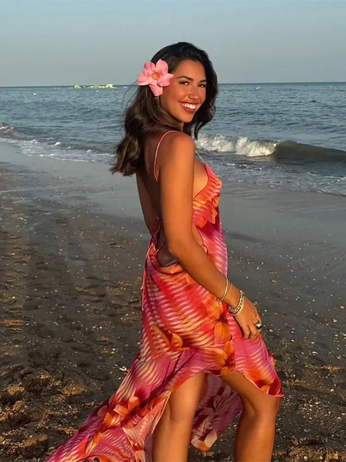 Sling Lace-Up Maxi Floral Dress