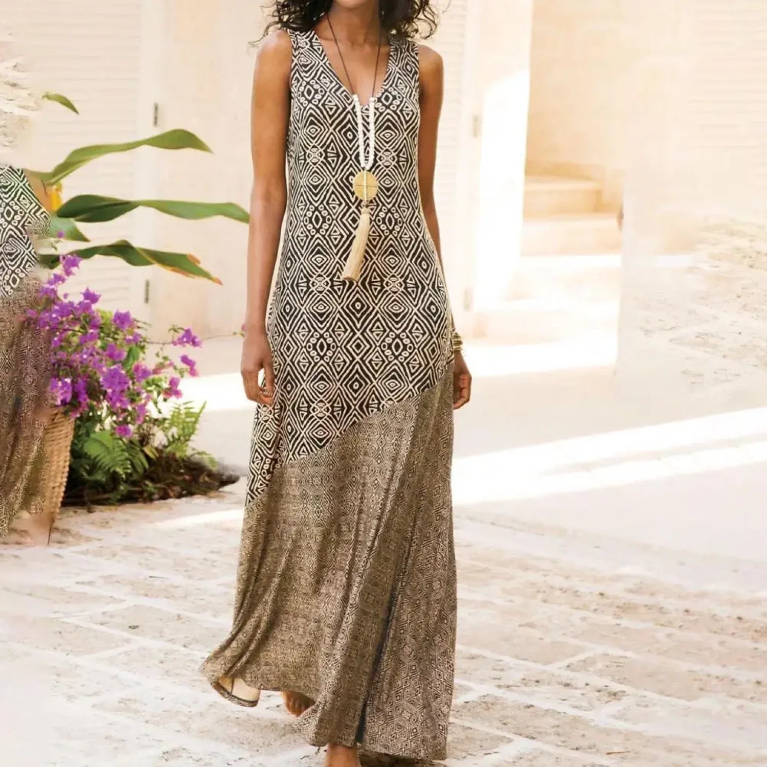 Sling V-Neck Geometric Boho Dress