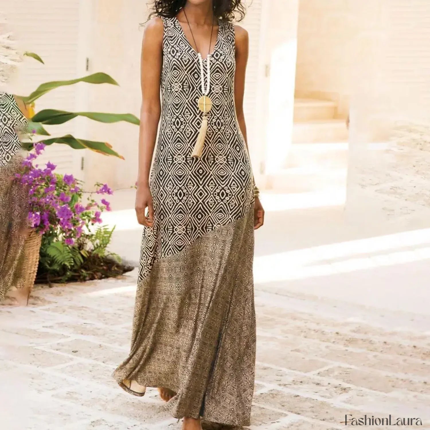 Sling V-Neck Geometric Boho Dress