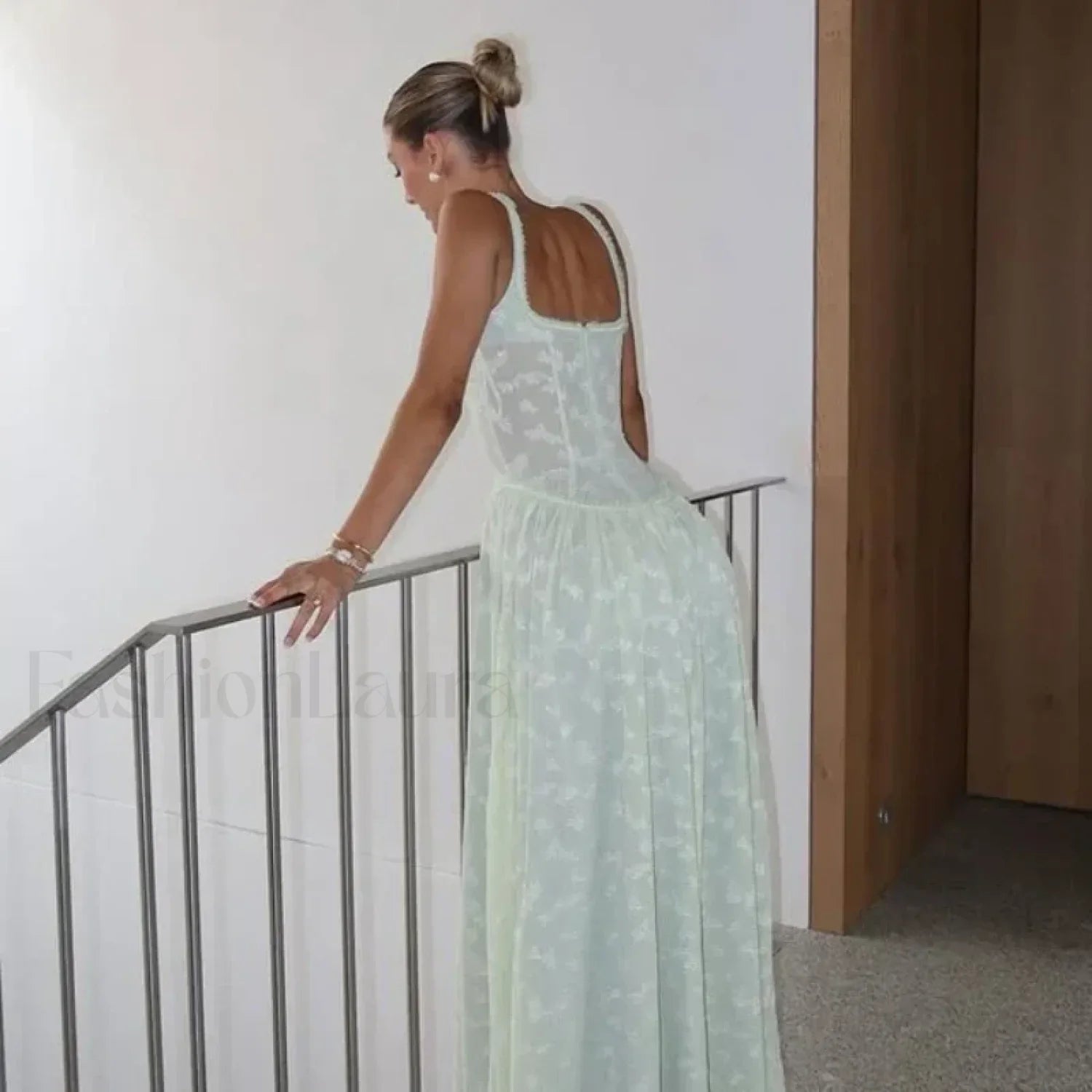 Slit Embroidered Mesh Maxi Dress