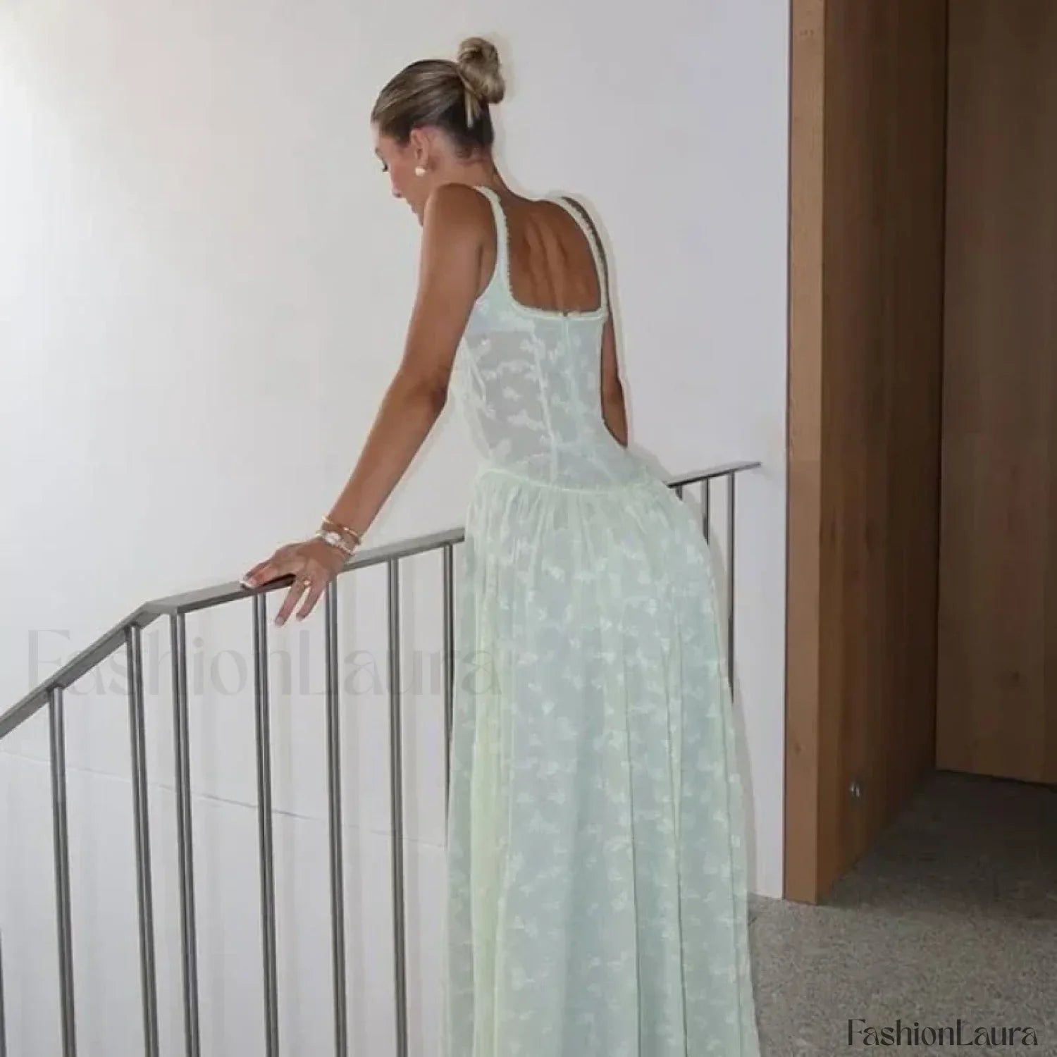 Slit Embroidered Mesh Maxi Dress