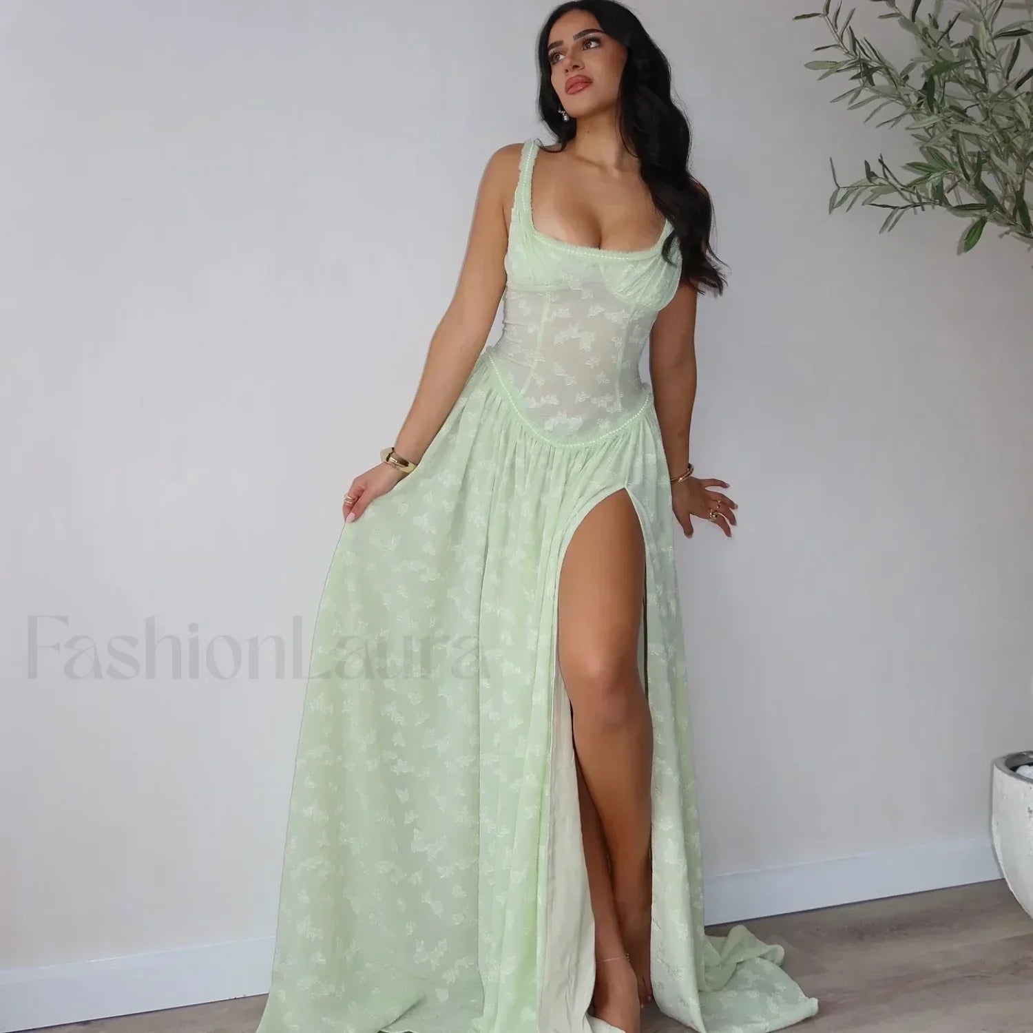 Slit Embroidered Mesh Maxi Dress