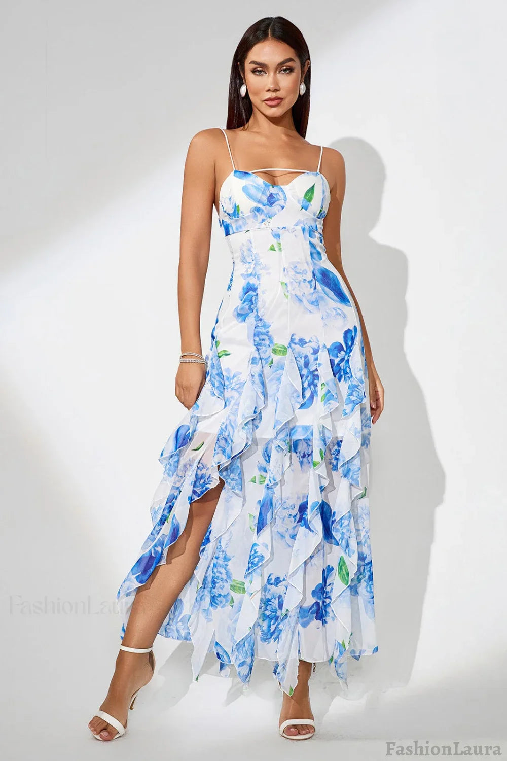 Slit Ruffled Floral Print Party Dress S / Blue