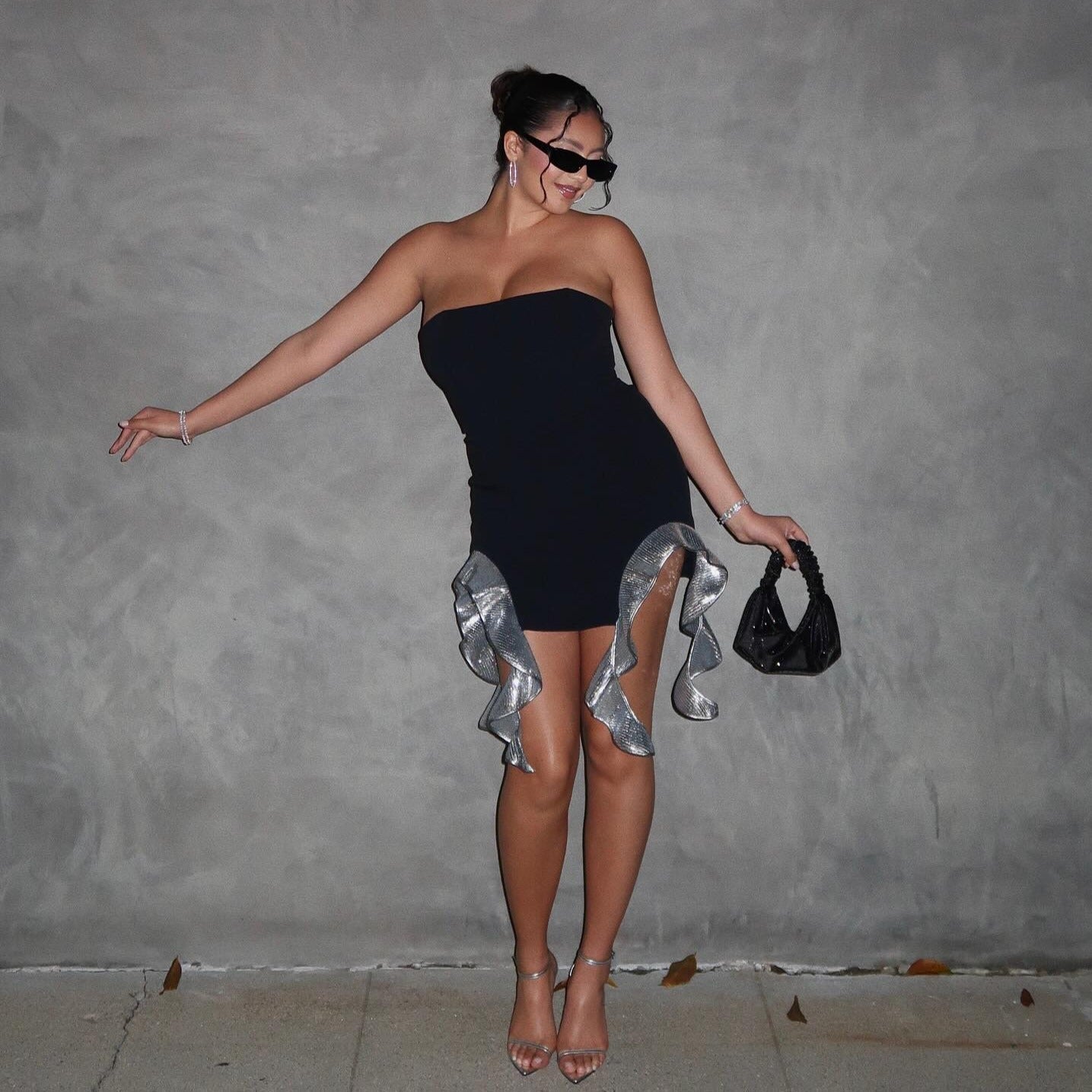 Strapless Asymmetric Ruffle Hem Bodycon Mini Dress