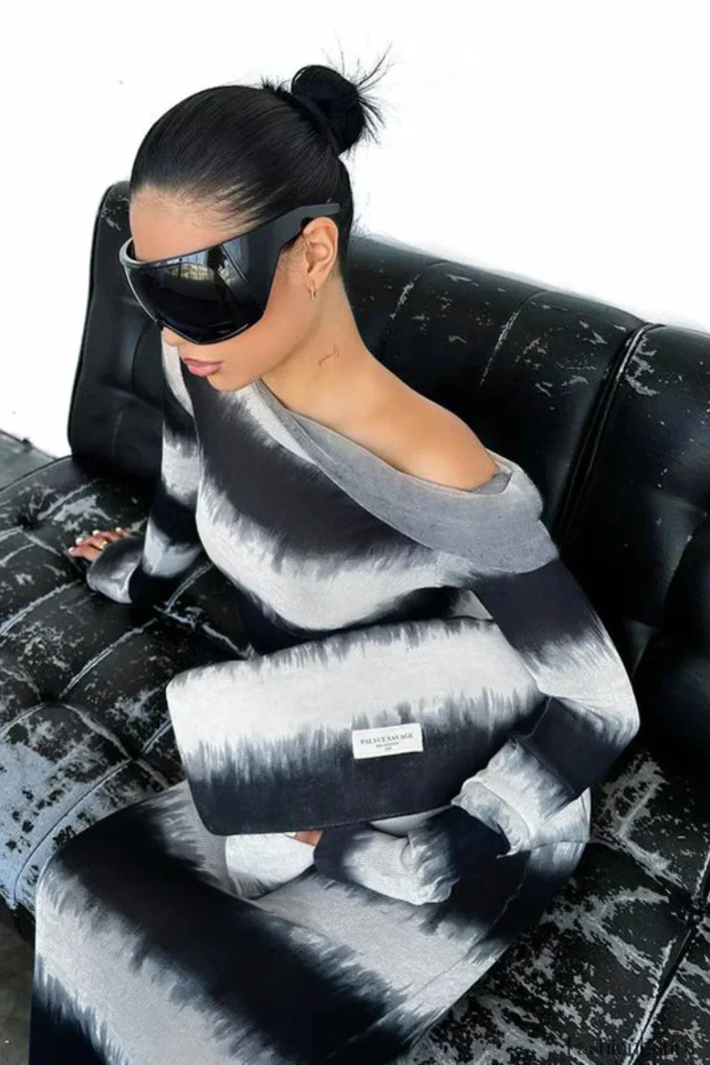 Smudged Black and White Stripes Asymmetrical Slanted Shoulder Maxi Dress