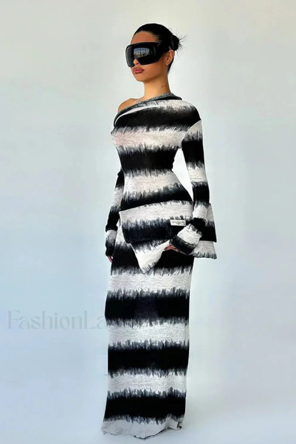 Smudged Black and White Stripes Asymmetrical Slanted Shoulder Maxi Dress Stripes / S