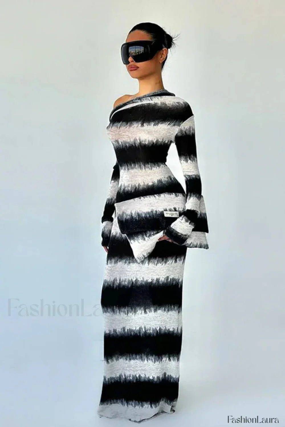 Smudged Black and White Stripes Asymmetrical Slanted Shoulder Maxi Dress