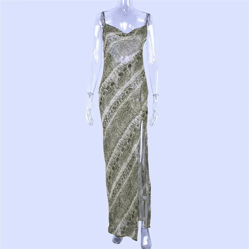 Snake Print Chiffon Cowl Neck Spaghetti Strap High Split Maxi Dress 6