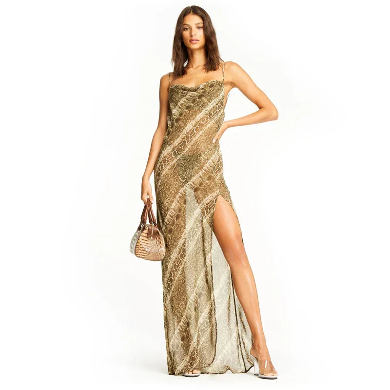 Snake Print Chiffon Cowl Neck Spaghetti Strap High Split Maxi Dress 4