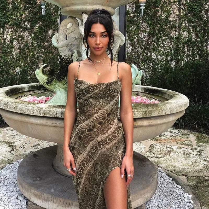 Snake Print Cowl Neck Spaghetti Strap High Split Sheer Chiffon Maxi Dress