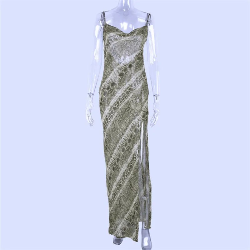 Snake Print Chiffon Cowl Neck Spaghetti Strap High Split Maxi Dress 7