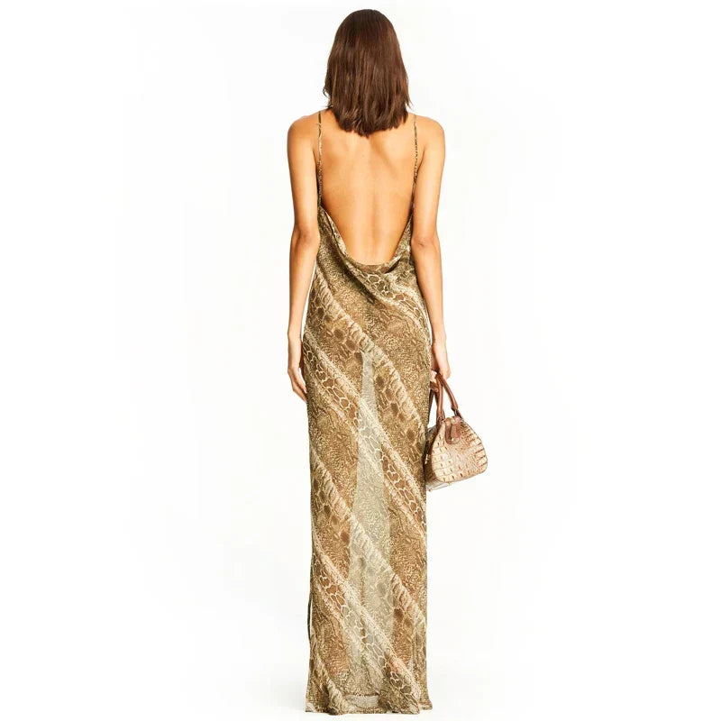 Snake Print Chiffon Cowl Neck Spaghetti Strap High Split Maxi Dress 5