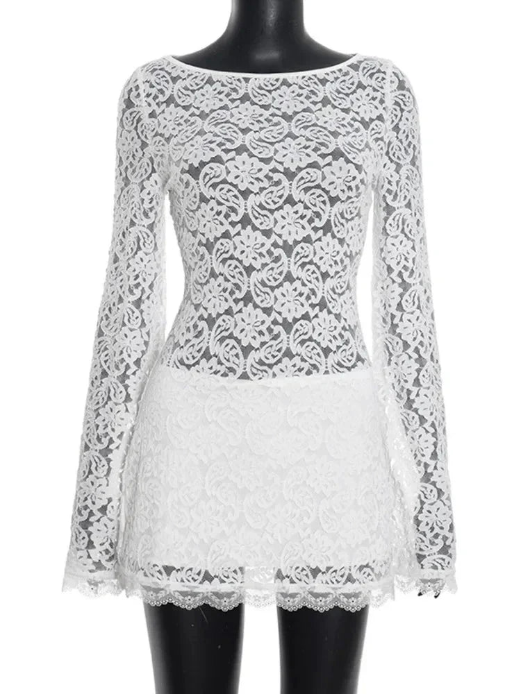 Sheer Floral Lace Bell Sleeve Scalloped Hem Mini Dress 6