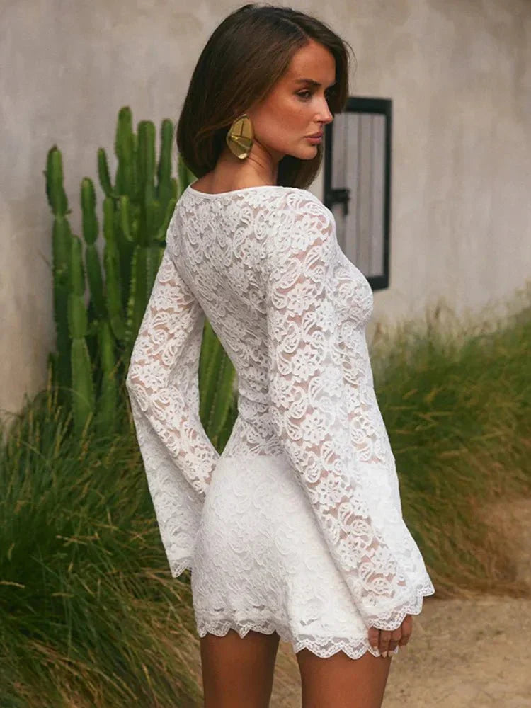 Sheer Floral Lace Bell Sleeve Scalloped Hem Mini Dress 2