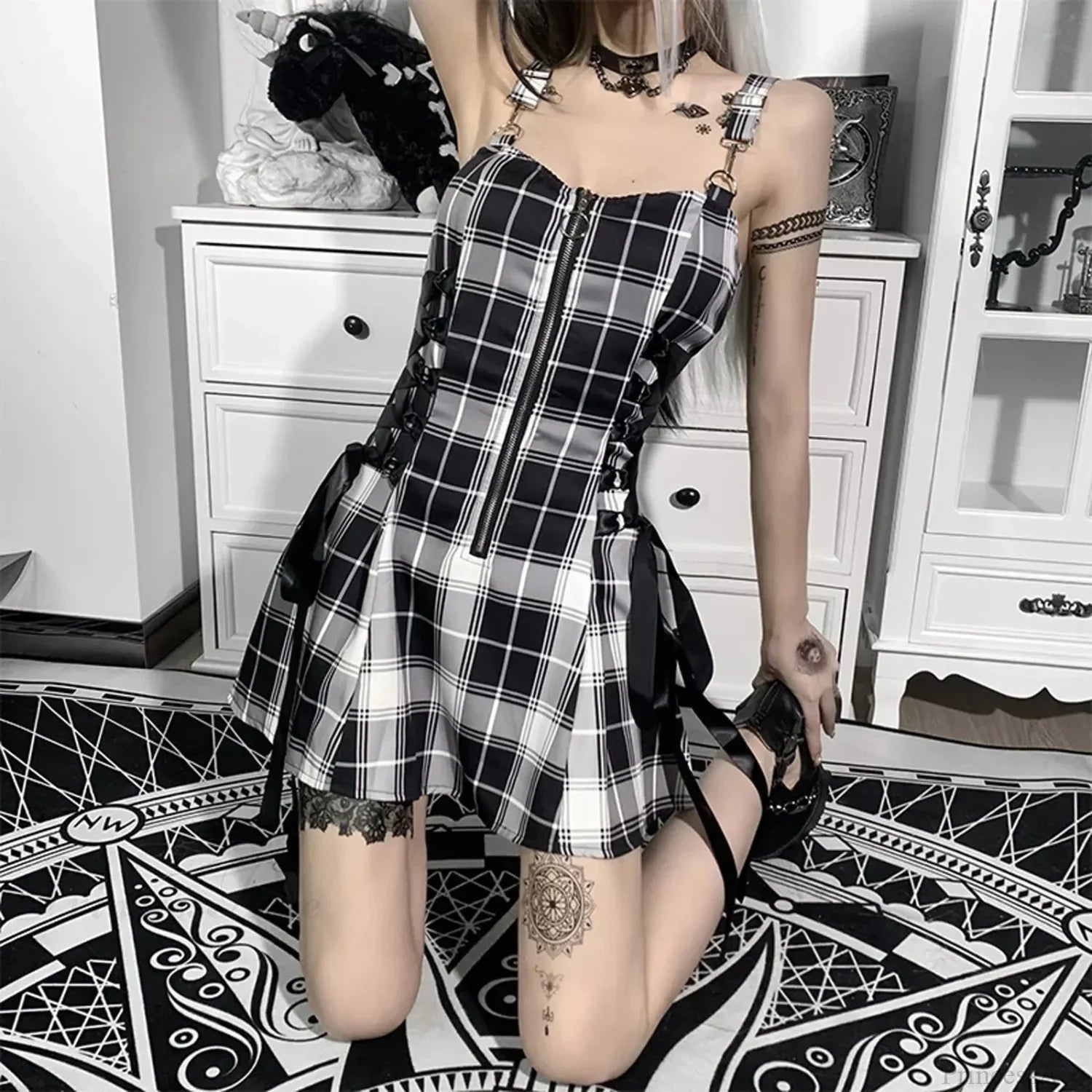 Soft Lace-up Checkered Mini Dress - View 2