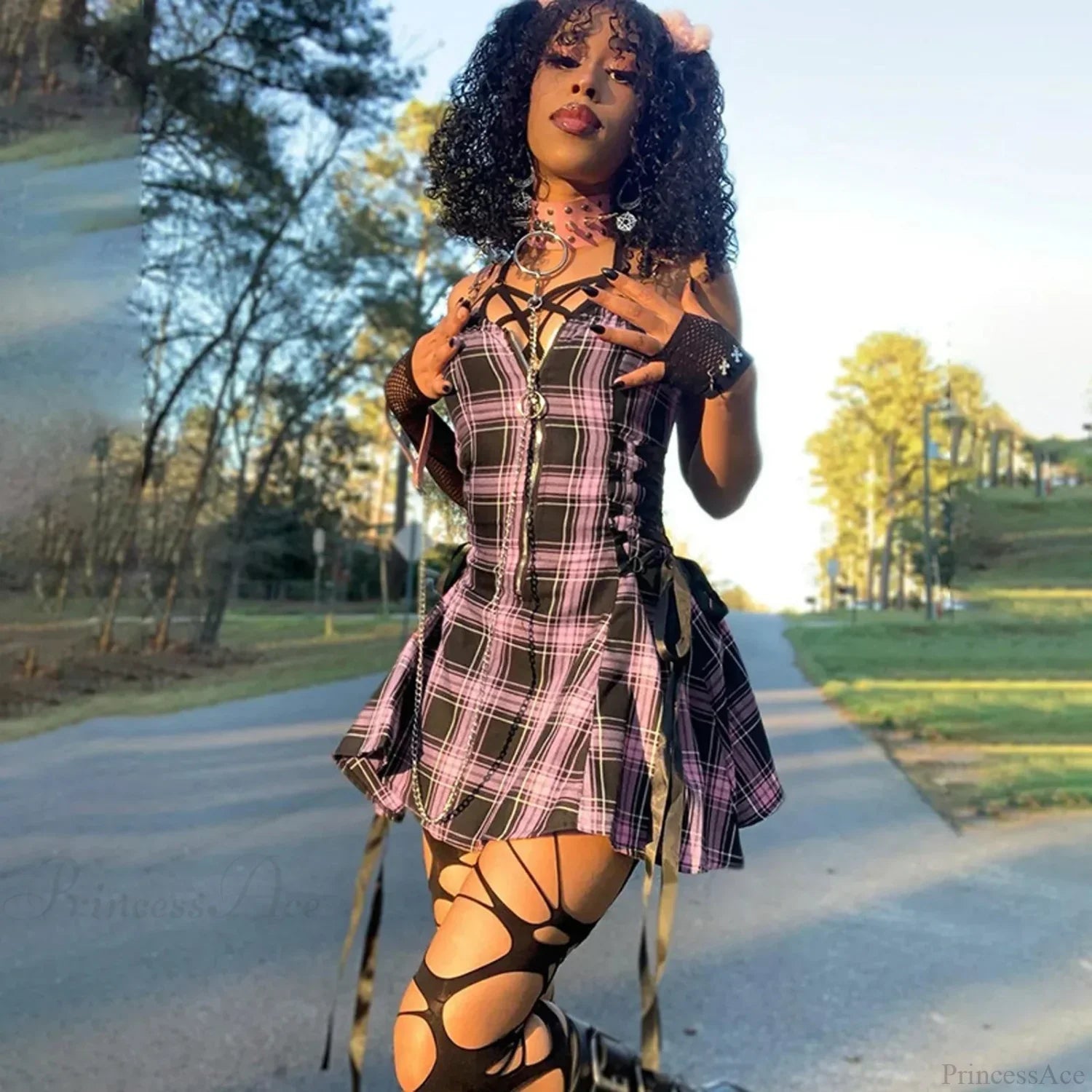 Soft Lace-up Checkered Mini Dress - View 3