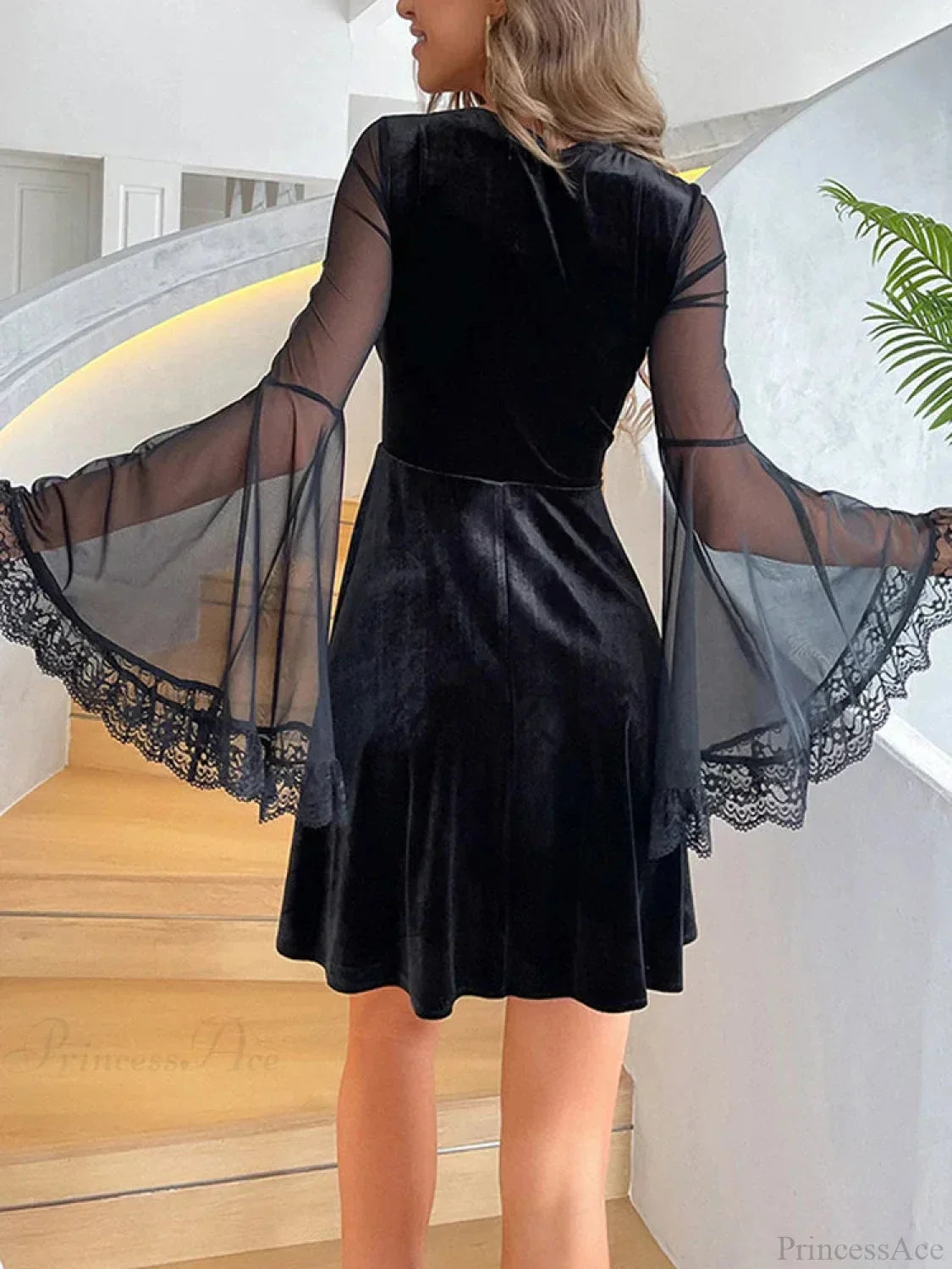 Velvet Sweetheart Lace Trim Ruched Mesh Bell Sleeve A-Line Mini Dress