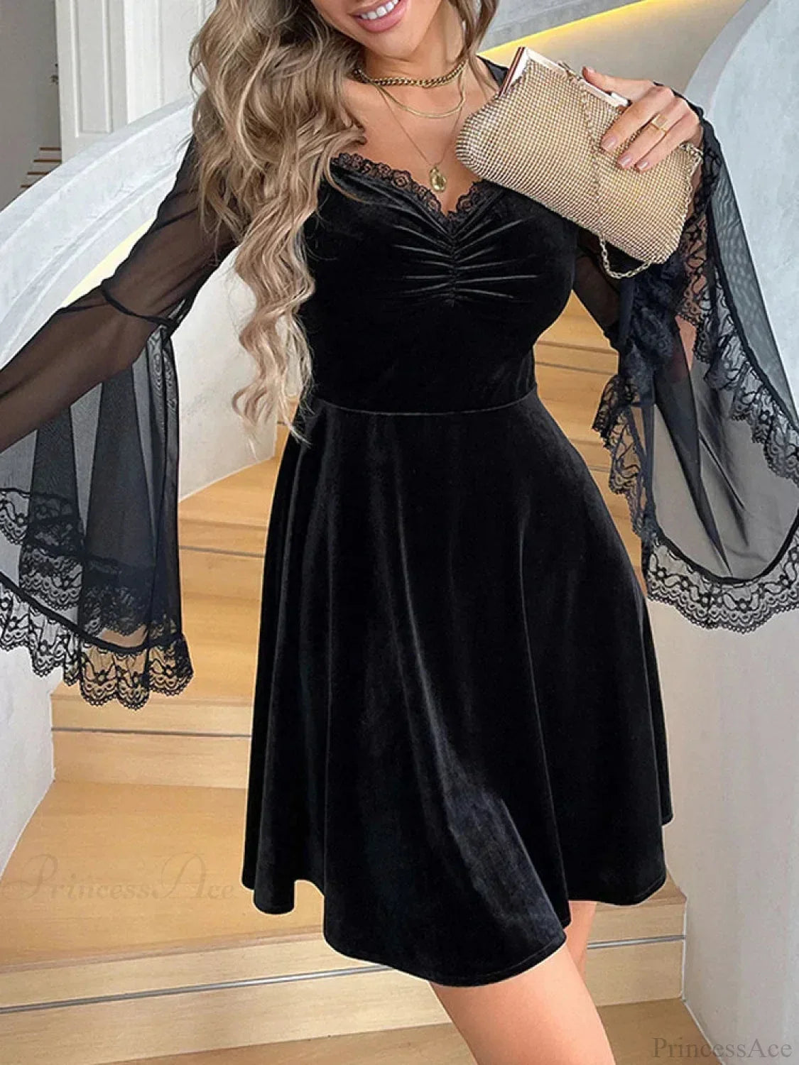 Velvet Sweetheart Lace Trim Ruched Mesh Bell Sleeve A-Line Mini Dress
